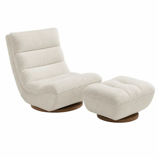 Sillón giratorio con otomana tapizado en tejido bouclé de poliéster estructura de madera contrachapada y base de madera maciza color beige claro 80 cm x 78 cm x 82 cm