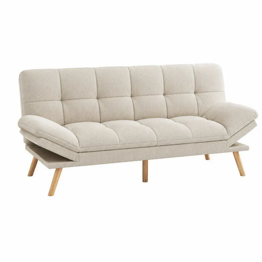 Sofá cama de 2 plazas tapizado en tejido de poliéster acanalado estructura de madera patas de madera color beige 180 cm x 90 cm x 85 cm