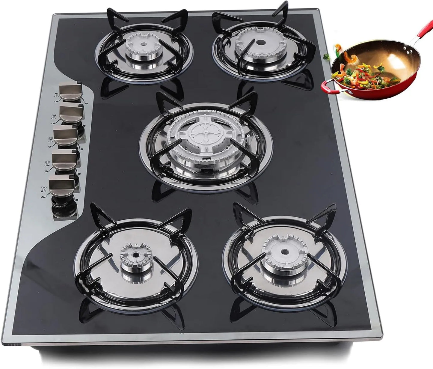 Placa de gas, 77 x 51 cm, 5 Quemadores, acero inoxidable, Cocina para Casa y Caravana