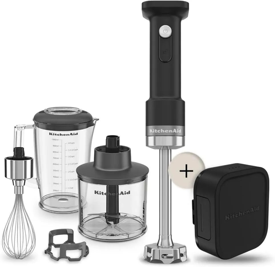 KitchenAid batidora de mano, 1L, Batidora Portátil con Picadora de y Jarra con Tapa Adicional, Alimentado por Batería