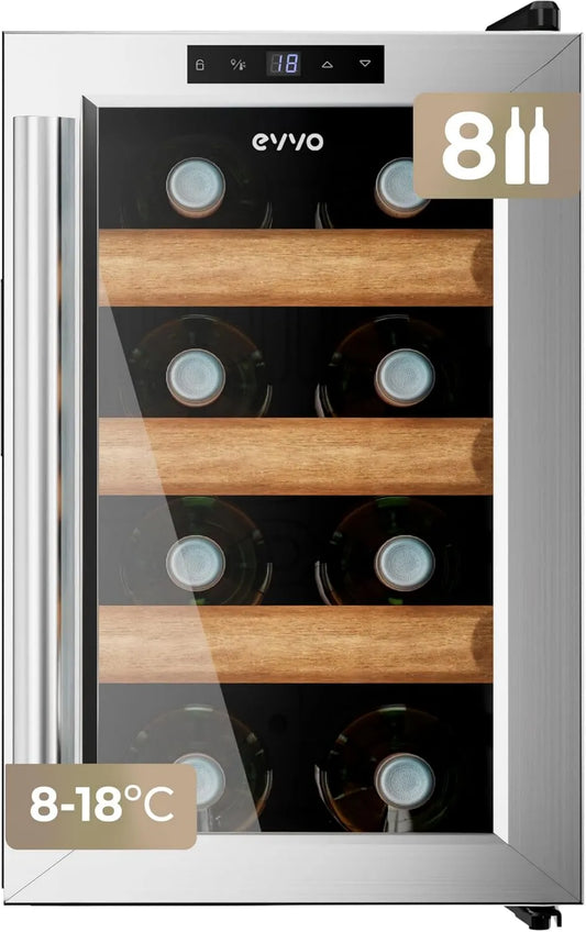 Frigorífico VT8, 8 Botellas, Enfriador de Vino de Acero Inoxidable, Enfriador de Vino Pequeño, Tipo Mini Bar y Rack de Vino Vertical