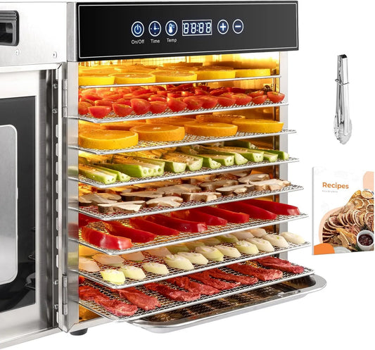 Deshidratador de alimentos, control programable, acero inoxidable, 500W, 8 Bandejas, 30-90°C, Alimentos Kwasyo Libre de BPA, Temperatura