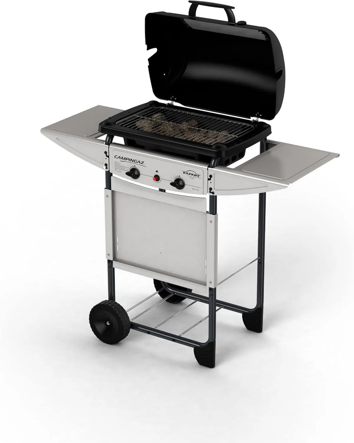 Horno eléctrico, 7 kW, Plus Barbacoa gas piedra volcanica, parrilla gas con dos quemadores compactos, parrilla de acero y mesas laterales