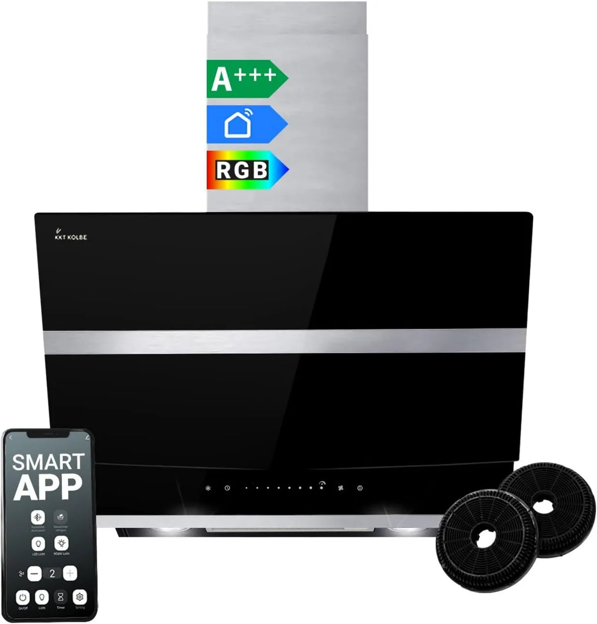Campana extractora HERMES6005SM, 60 cm, WiFi, Campana de pared de altura vertical, acero inoxidable, Vidrio negro, Apagado automático, Control táctil