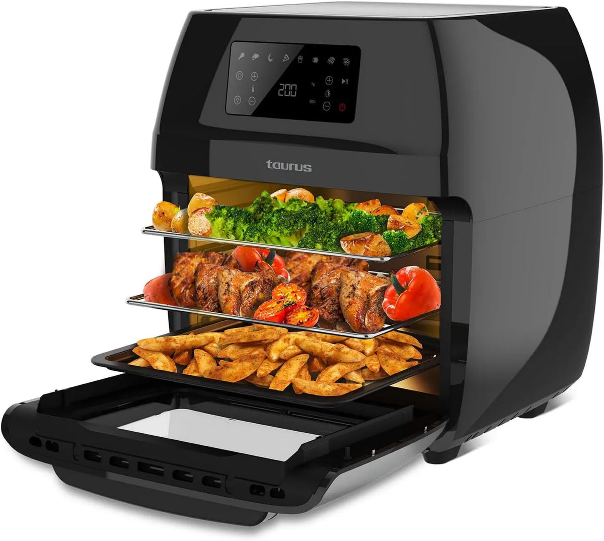 Taurus 24H horno eléctrico, 1700W, 12L, 8 programas, Air Fry Digital Grill, freidora sin aceite y horno, Air Fryer, puerta transparente, función grill