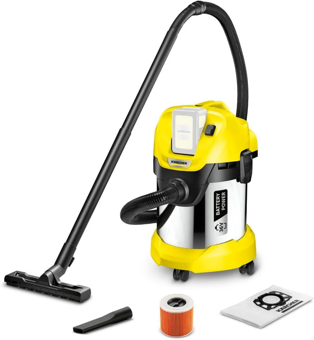 Kärcher WD 3 aspiradora, 36 V, 17 l, 300 W, aspiración en seco y húmedo, filtro de cartucho, compatible con batería, batería no incl, 2 m