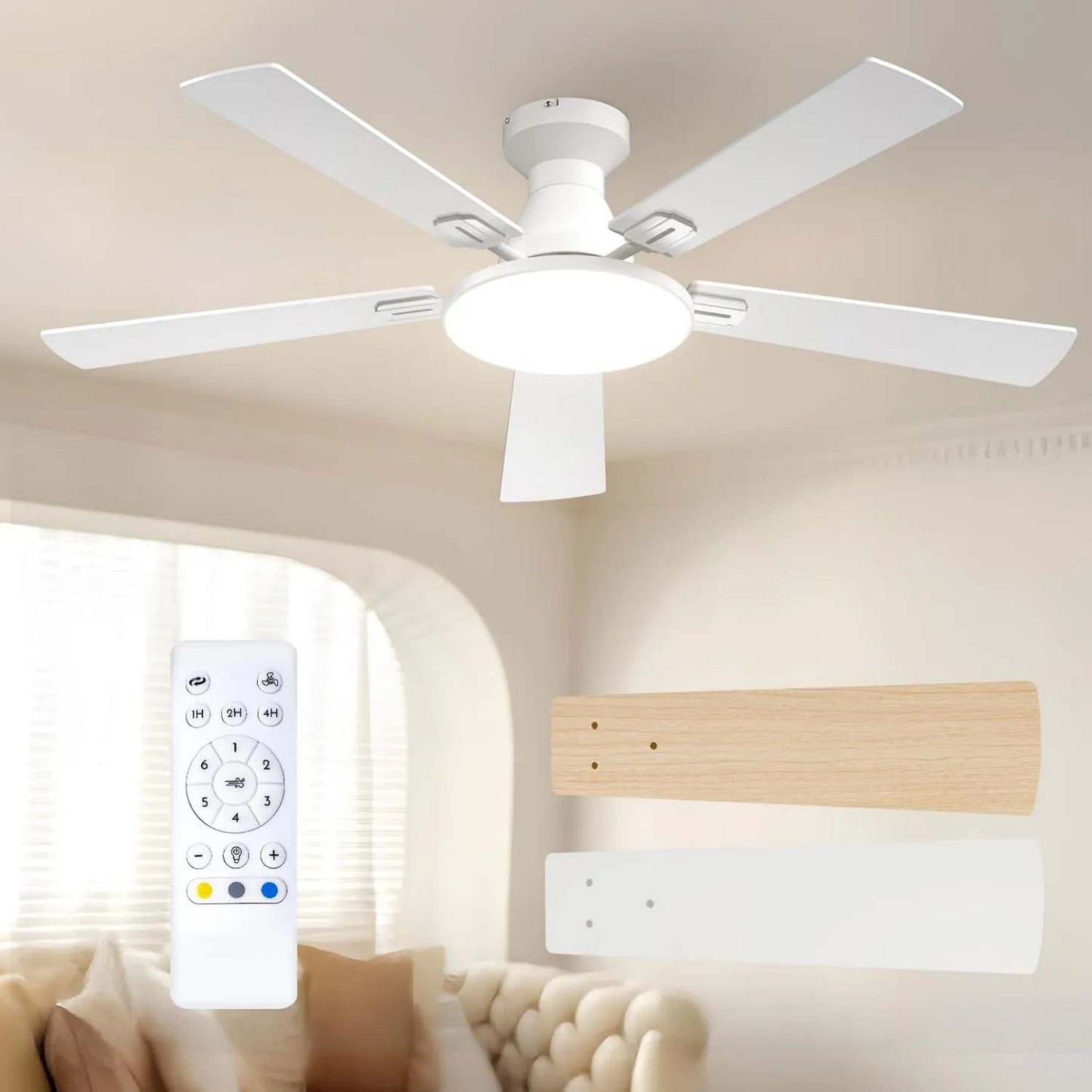 Ventilador de techo, 132cm, 6 Velocidades, control programable, funcionamiento silencioso, ajuste regulable, Mando a Distancia, 3 Luces Regulables