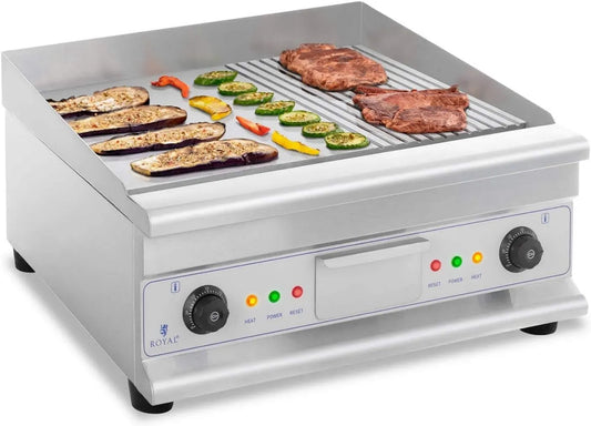 Calefactor eléctrico RCG-60GB, 60 cm, 2 Zonas, función grill, Fry Top Eléctrico Doble Grill, Superficie Lisa y Ondulada, Calor