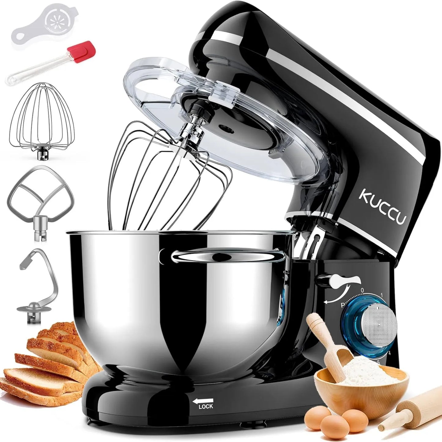 KUCCU Batidora de pie, 660 W, 6 velocidades, acero inoxidable, 6.5 cuartos de galón, mezclador eléctrico de cocina con cuenco, gancho para masa
