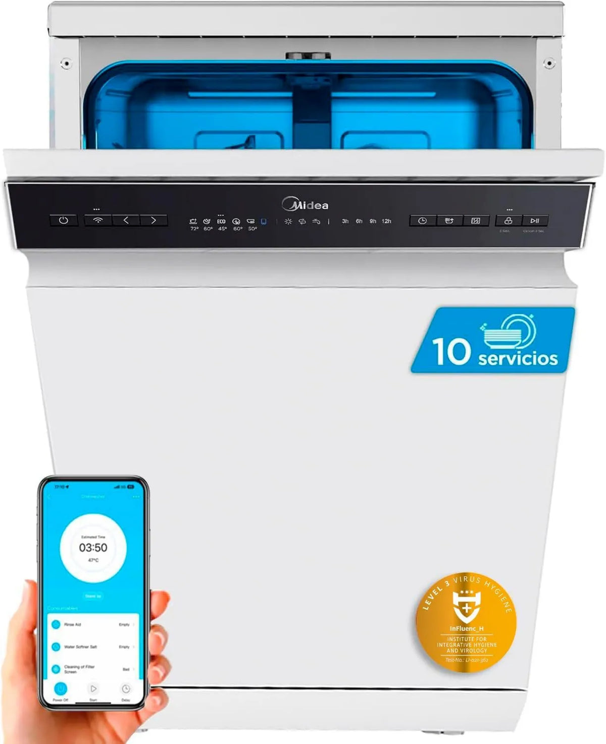 Midea lavavajillas, 45 cm, 8 Programas, acero inoxidable, para 10 Servicios, Instalación Libre, Compacto con de Lavado Integrados
