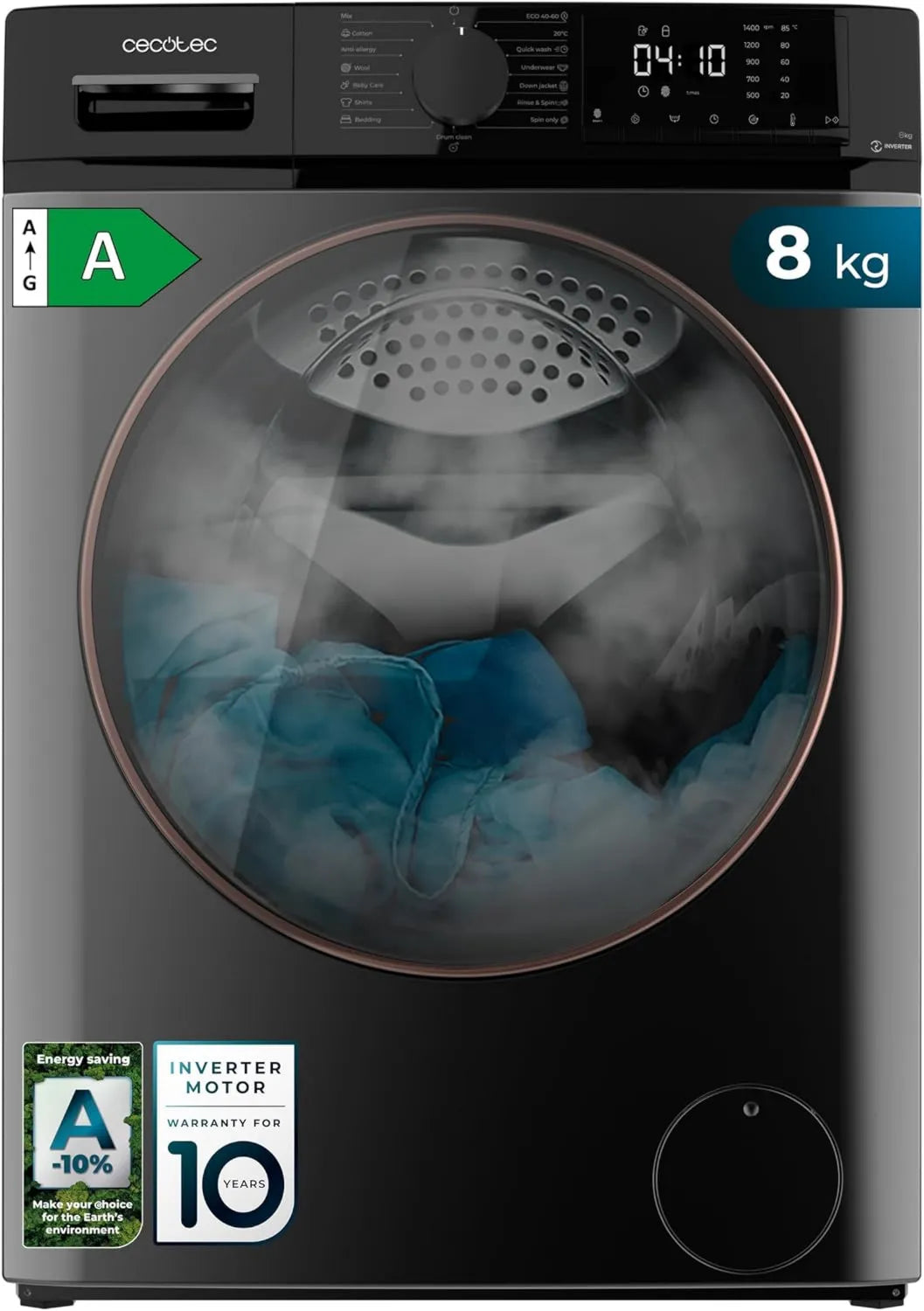 Cecotec lavadora, 8Kg, 1400 RPM, 15 Programas, Carga Frontal Bolero DressCode 8610 Inverter Steel A, Motor Inverter Plus, Goma Antibacteriana