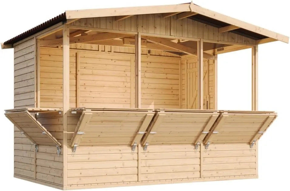 Cobertizo de jardín M150B, 6m2, 336x263cm, madera con suelo, mostrador y puerta cinco ventanas / Stand de mercado, Gran barra al aire libre de madera