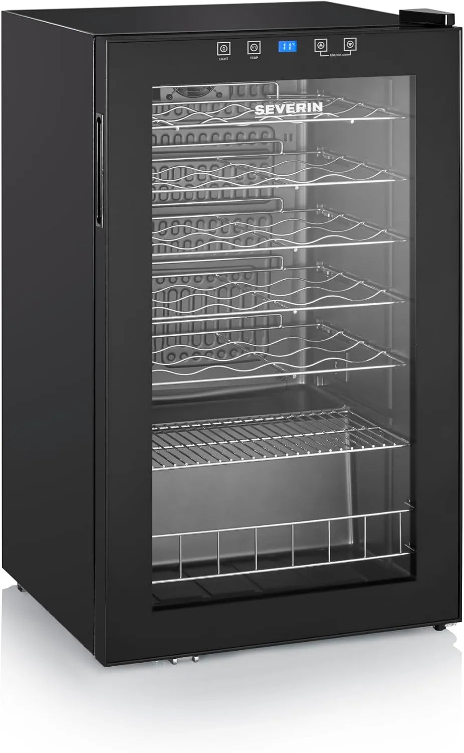 Severin WKS 8908, ajuste regulable, 95 L, 43 dB, 33 Botellas, Botellero, Nivel de Ruido, Puerta de Vidrio y Marco de Plástico y 6 Estantes de Cromo