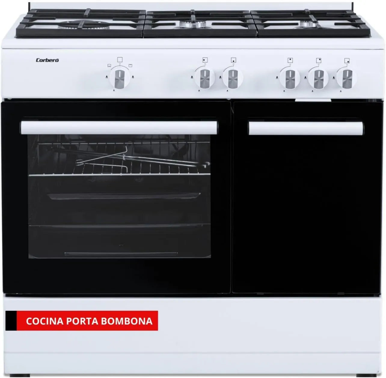 Corbero CCSF5GB922W placa de gas, 60L, 80x90x60, 5 Quemadores, Cocina de Gas Butano, Encendido Manual, Cajón Calientaplatos