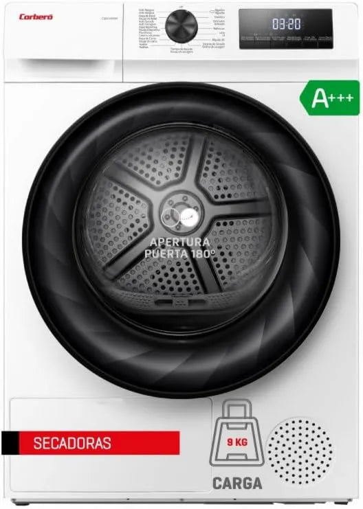 Corbero CSBCH950W secadora, pantalla digital, Inicio Diferido, 9 kg, 64dB, 15 Programas, Carga Frontal, Bomba de Calor, Inicio/Pausa y Antiarrugas