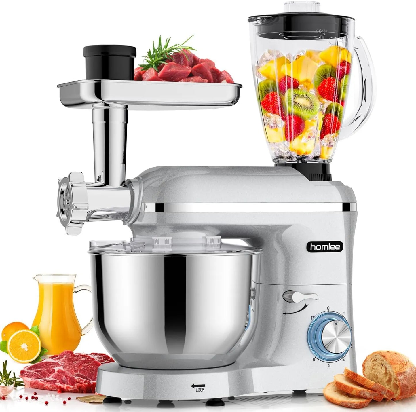 Procesador de alimentos, acero inoxidable, 2000W, 5.5 L, 1., 6 Niveles, 3 In 1 Robot De Cocina con Picadora De Carne y Batidora, Cuenco, Velocidad