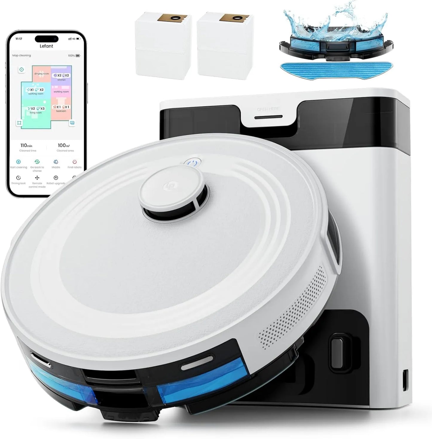 Aspiradora, 6000Pa, 2.4G, 5G, WiFi, control, LEFANT m² Pro y Fregasuelos con Autovaciado, Mapeo Multinivel, Navegación dToF, Limpieza Personalizada