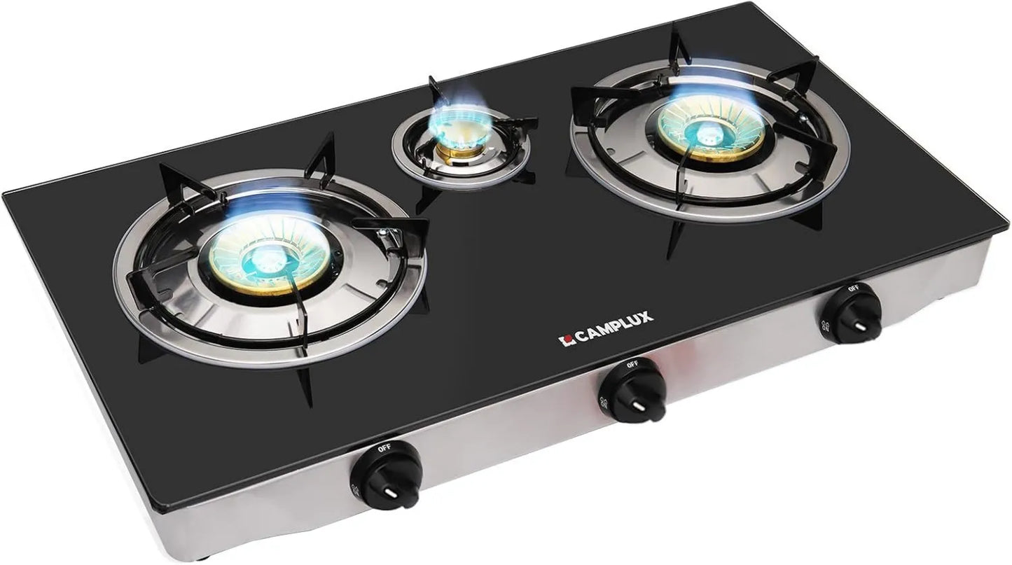 Placa de gas TC03GBEU, 6.25 kW, 3 Quemadores, compatible con gas propano, Cocina de Gas, para Camping, Vanlife y Jardín