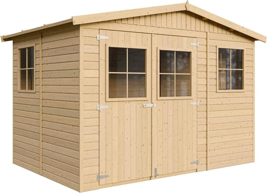 Cobertizo de jardín M334, 6m2, Madera, A226x324x216cm/ Cobertizo de Madera Natural, Taller de Jardín