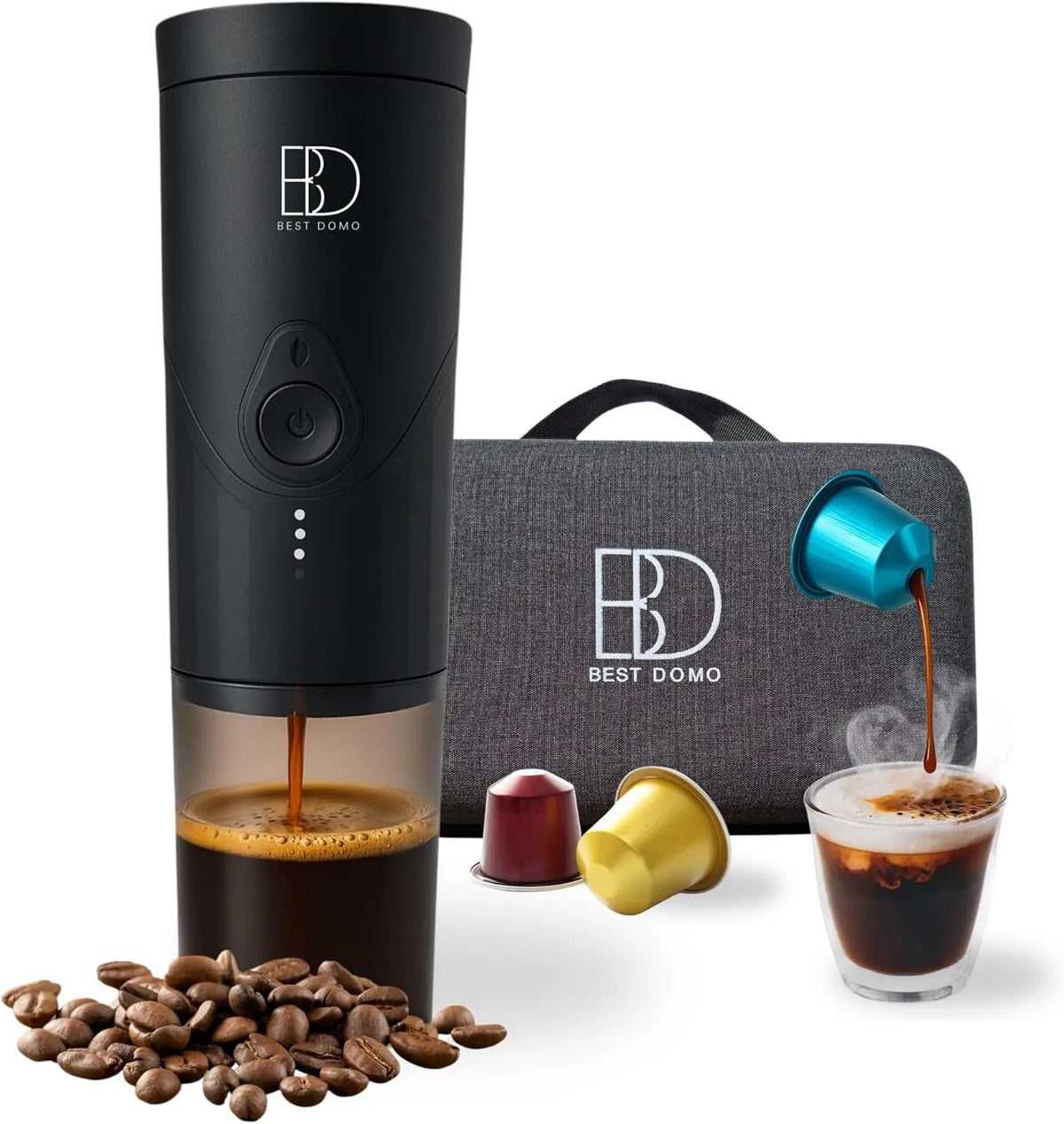 Nespresso cafetera espresso, Portátil Auto-Calentable 20 Bares, Compatible con Cápsulas y Café Molido, Recargable con Batería y Cable USB-C