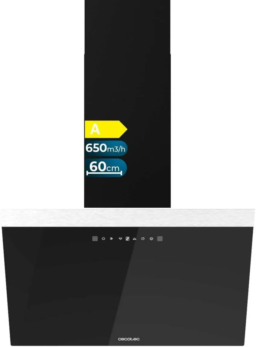 Cecotec 606500 campana extractora, 165W, 650m3/h, 60cm, Vidrio Negro Frontal, Succión, Control Táctil, Filtro de Carbono, 3 Niveles
