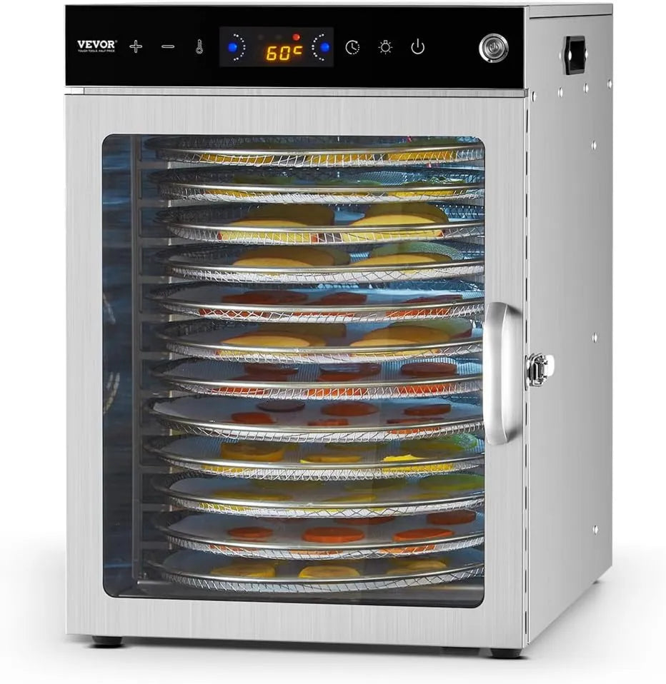 Deshidratador de alimentos, 800 W, 12 Bandejas, Alimentos VEVOR con de Acero Inoxidable, control programable, ajuste regulable