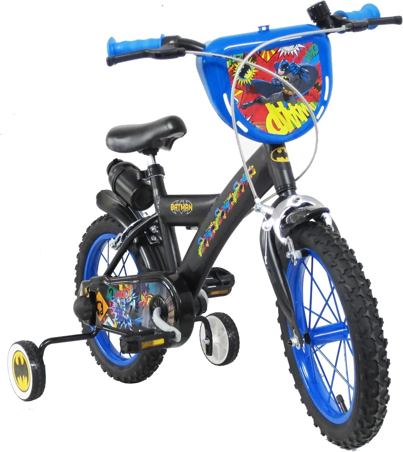 Bicicleta, 14 Pulgadas, albri Batman, con estabilizadores Laterales, Botella y Escudo Delantero Personalizado. Fabricado en Italia para niño