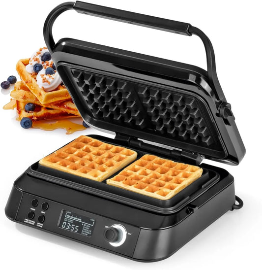Rizador de pelo, 1600W, 5 Programas, 7 Niveles, Dorado, Temporizador de Cuenta Regresiva, Placas de Calentamiento Extra Profundas para Gofres Aireados