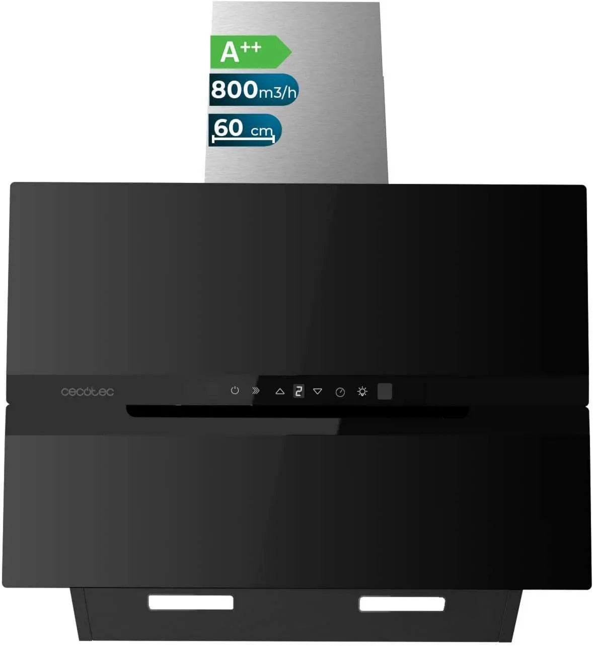 Cecotec 608010 campana extractora, 210W, 800 m³/h, 3 Niveles, Bolero Flux DT Glass Black A, Control Táctil, Filtros de Carbono y Aluminio
