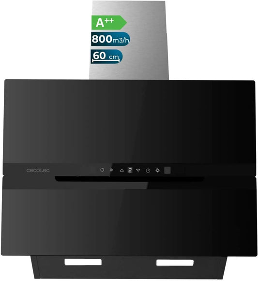 Cecotec 608010 campana extractora, 210W, 800 m³/h, 3 Niveles, Bolero Flux DT Glass Black A, Control Táctil, Filtros de Carbono y Aluminio