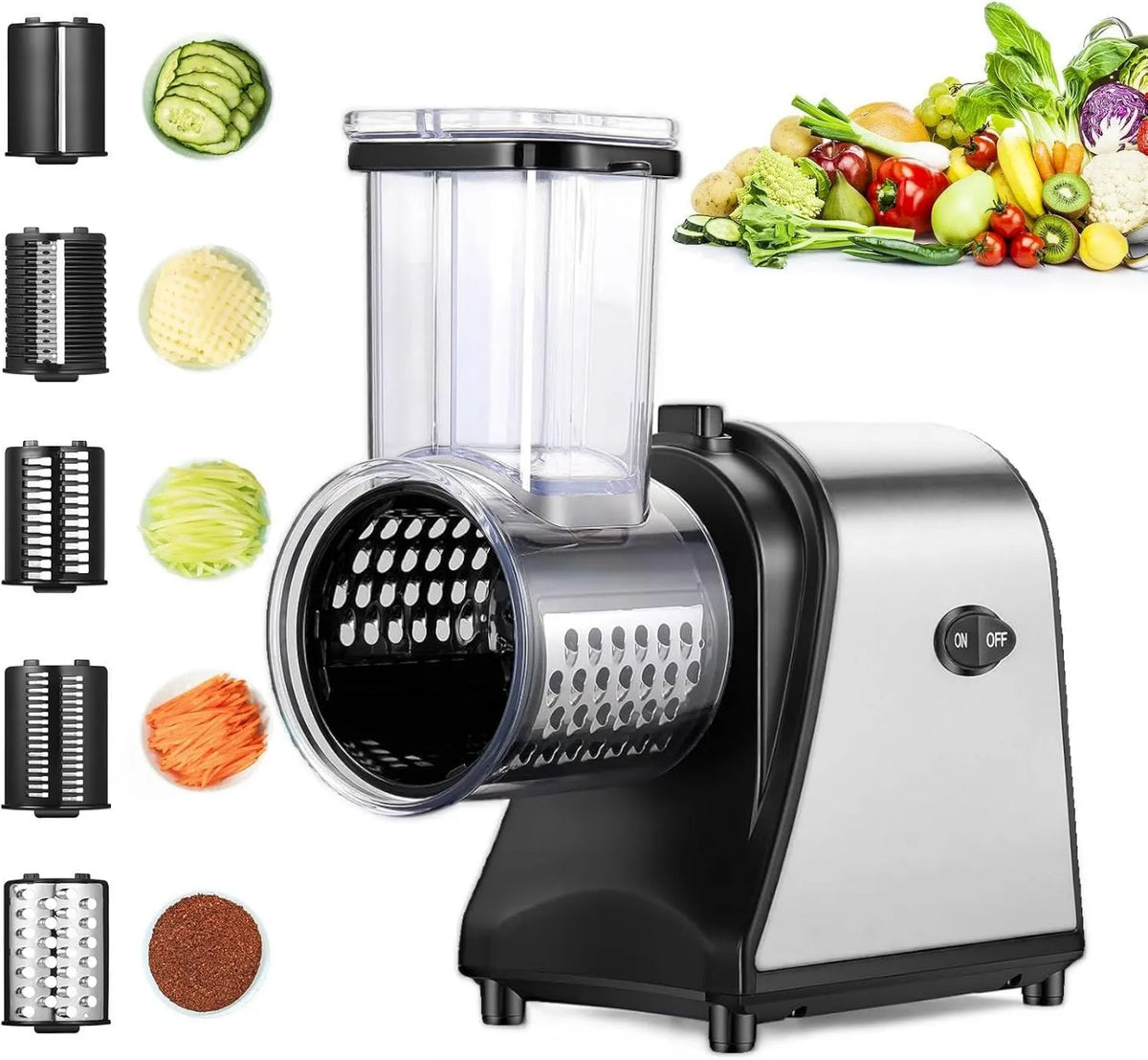 Cortador eléctrico de verduras, 250 W, verduras eléctrico profesional, acero inoxidable, con 5 cuchillas y gran ranura de llenado para frutas