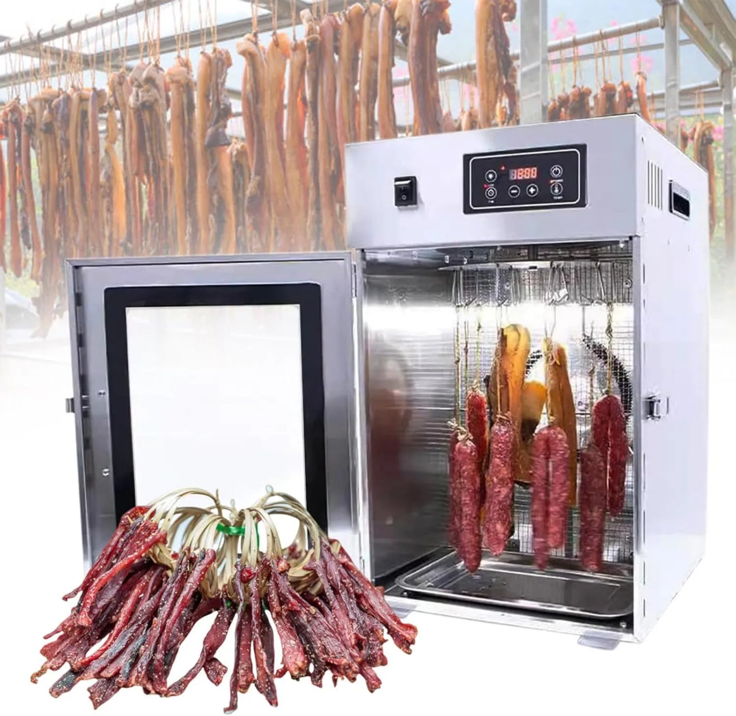 Deshidratador de alimentos, acero inoxidable, 800W, 1000W, 35-90°C, Box y Cámara de Curado de Carne, con 12/14/30 Gancho, Control de Temperatura