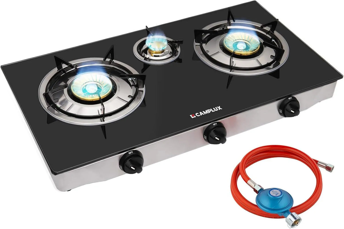 Placa de gas TC03GBDE, 6.25 kW, 3 Quemadores, Cocina de Gas, para Camping, Vanlife y Jardín, compatible con gas propano