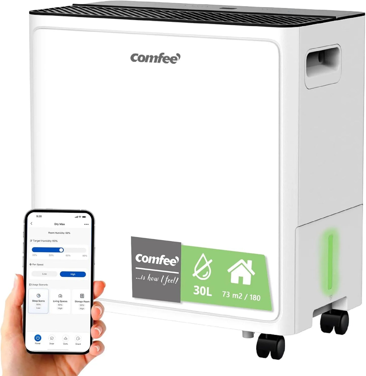 Deshumidificador, 30L, 73 m², 3.2 L, funcionamiento silencioso, Silencioso con Tanque Extraíble