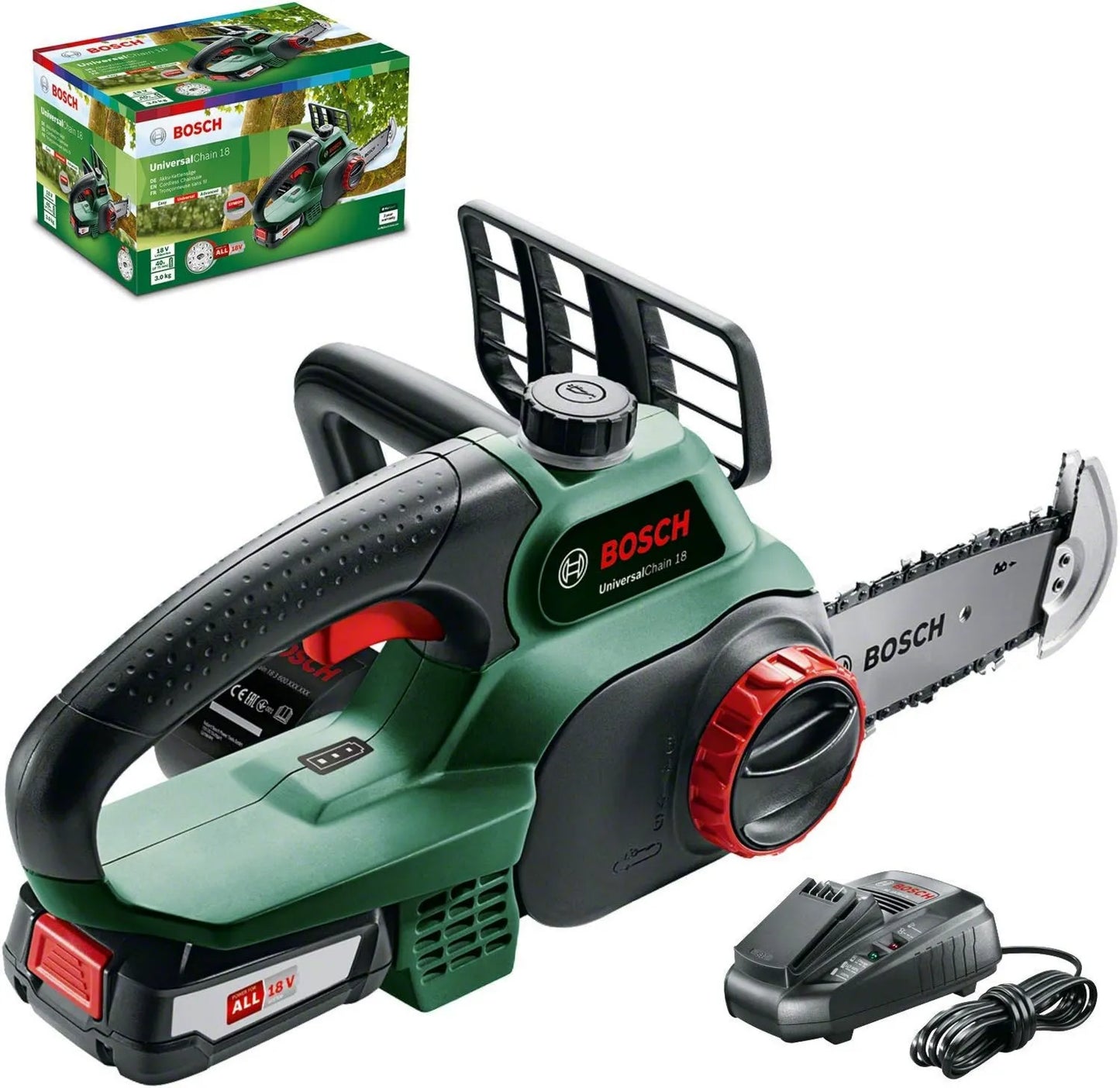 Bosch motosierra, 18 V, 200 mm, sierra de cadena con batería UniversalChain 18, caja de cartón, longitud de la espada