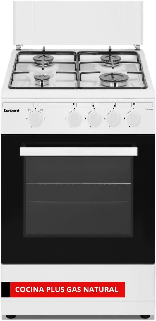Corbero CCSF45020NW placa de gas, 43L, 4 Quemadores, Cocina de Gas Natural Plus, Encimera Metálica, Puerta de Horno Doble Cristal