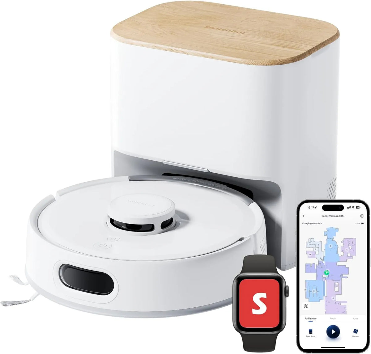 Robot aspirador K11, 6000 Pa, 3.6 Pulgadas, Aspiradora Robot SwitchBot + con Mopa, Succión, 90 Días de Almacenamiento de Polvo, Vaciado Automático